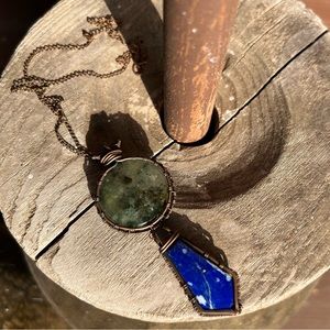 Moss agate and Lapis Lazuli wire wrapped necklace